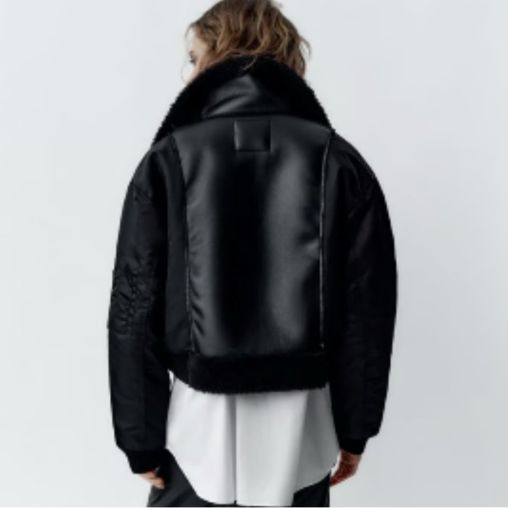 Zara Black Bomber Jacket with Shearling Detail - Picture 4 of 9